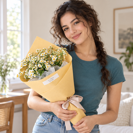 Sunshine Chamomile Bouquet held by the recipient.