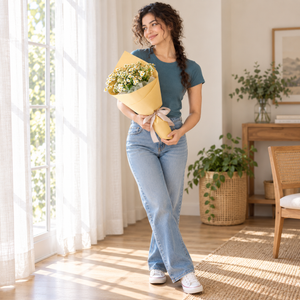 Sunshine Chamomile Bouquet held by the same recipient in a wider standing pose.