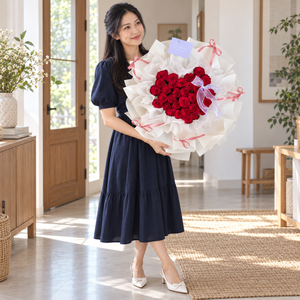 The Deep Love – 33 Red Roses Heart Bouquet held by the same recipient in a wider standing pose.