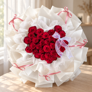 The Deep Love – 33 Red Roses Heart Bouquet — full product photograph in natural window light.