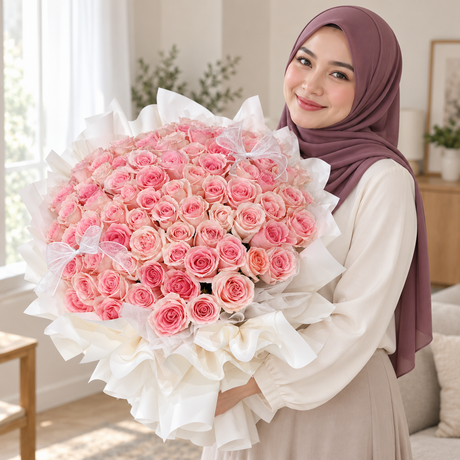 The Forever Love – 99 Pink Roses Bouquet held by the recipient.