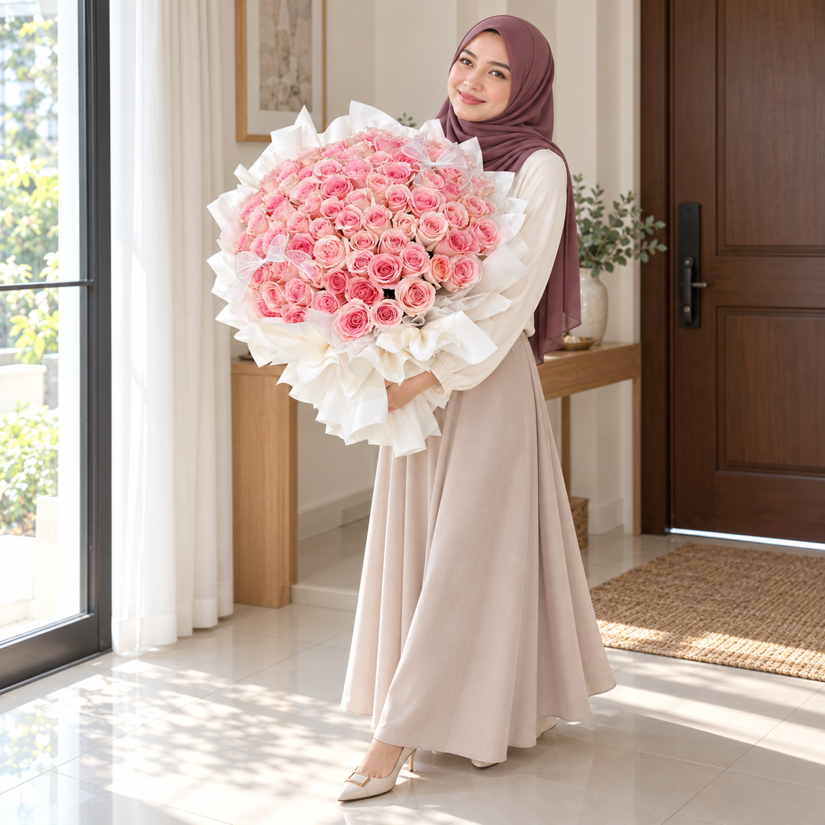 The Forever Love – 99 Pink Roses Bouquet held by the same recipient in a wider standing pose.
