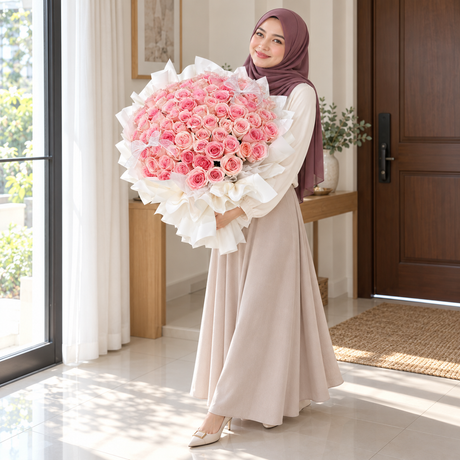 The Forever Love – 99 Pink Roses Bouquet held by the same recipient in a wider standing pose.