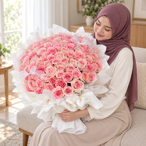The Forever Love – 99 Pink Roses Bouquet held by the same recipient in a seated candid pose.