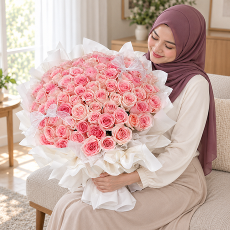 The Forever Love – 99 Pink Roses Bouquet held by the same recipient in a seated candid pose.