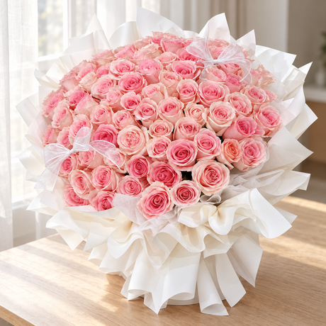 The Forever Love – 99 Pink Roses Bouquet — full product photograph in natural window light.