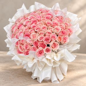 The Forever Love – 99 Pink Roses Bouquet — alternate full product photograph in a neutral interior.