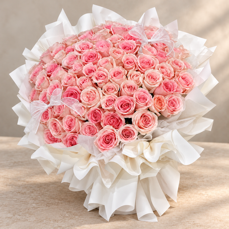 The Forever Love – 99 Pink Roses Bouquet — alternate full product photograph in a neutral interior.