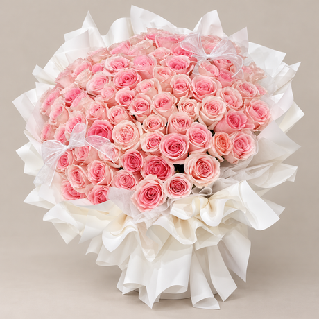 The Forever Love – 99 Pink Roses Bouquet — professional studio product photograph.