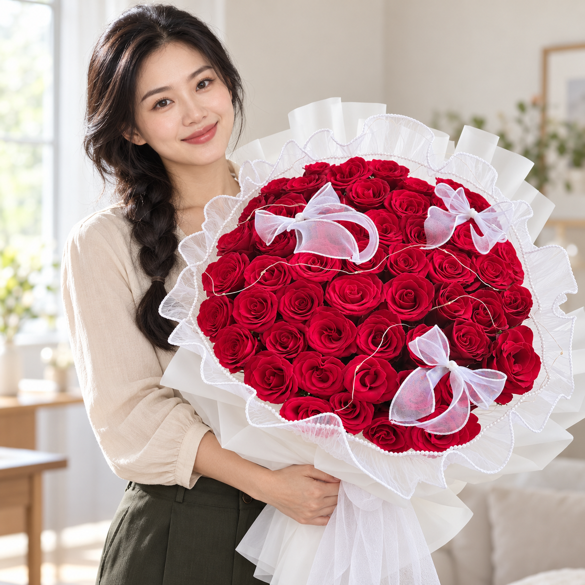 The True Love – 52 Red Roses Bouquet held by the recipient.