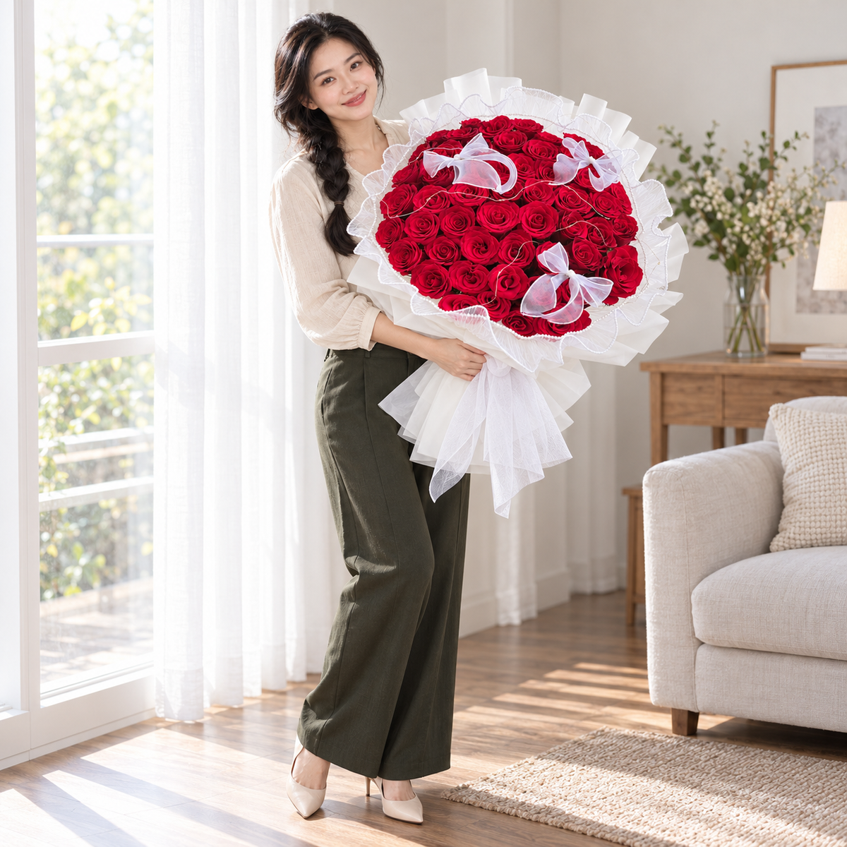The True Love – 52 Red Roses Bouquet held by the same recipient in a wider standing pose.