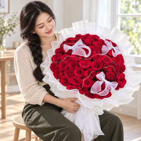 The True Love – 52 Red Roses Bouquet held by the same recipient in a seated candid pose.