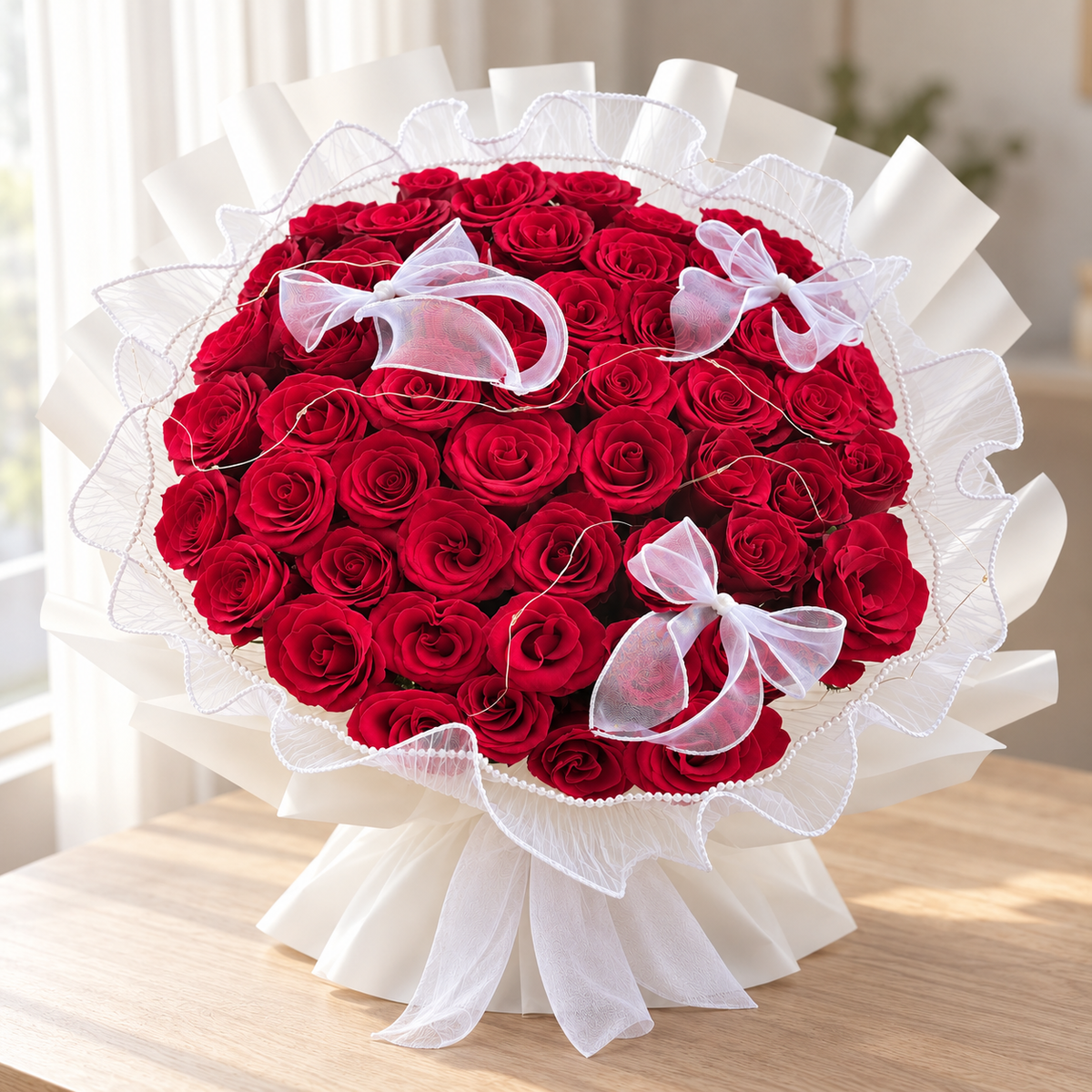 The True Love – 52 Red Roses Bouquet — full product photograph in natural window light.