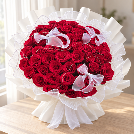 The True Love – 52 Red Roses Bouquet — full product photograph in natural window light.
