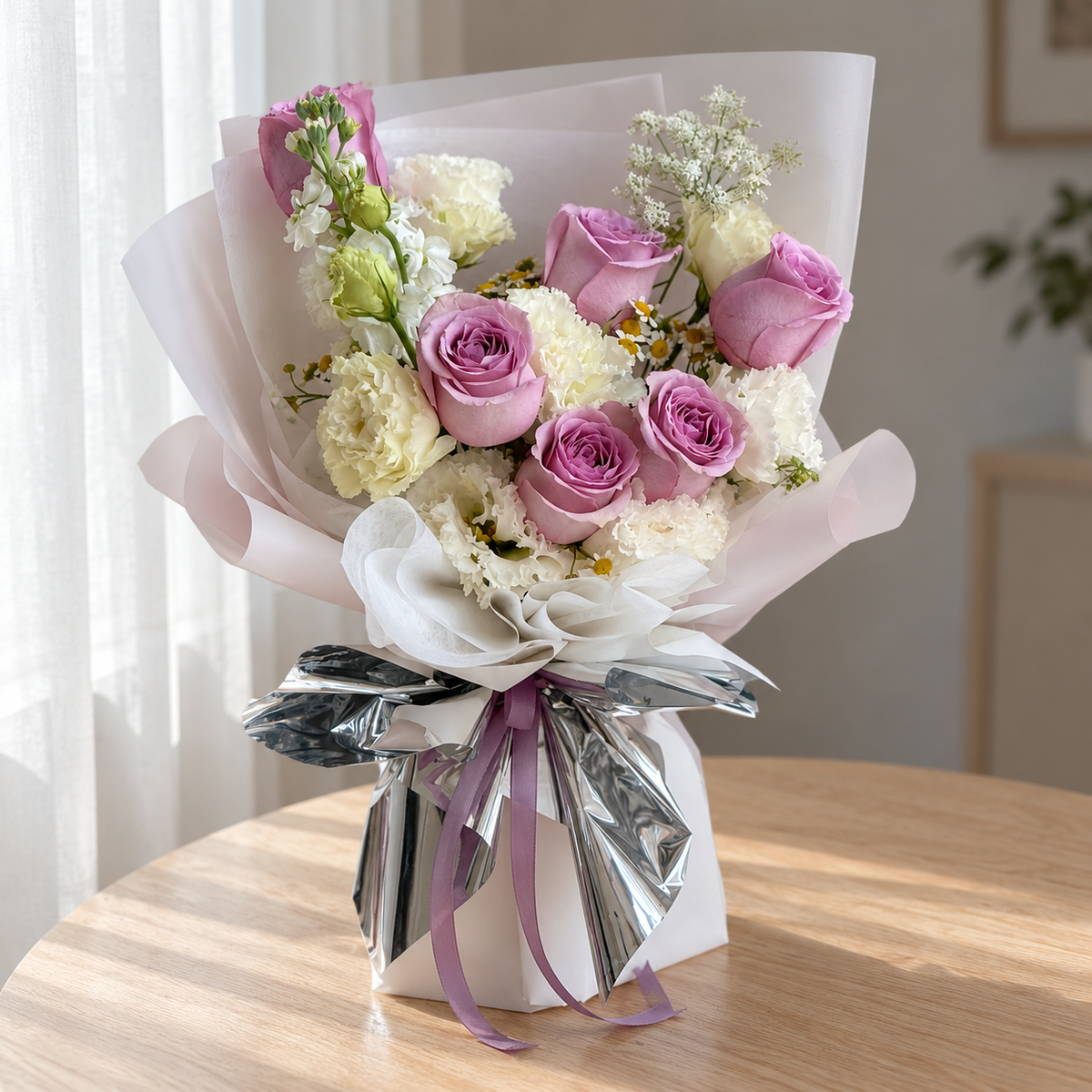 Voyage Purple Rose Bouquet — full product photograph in natural window light.