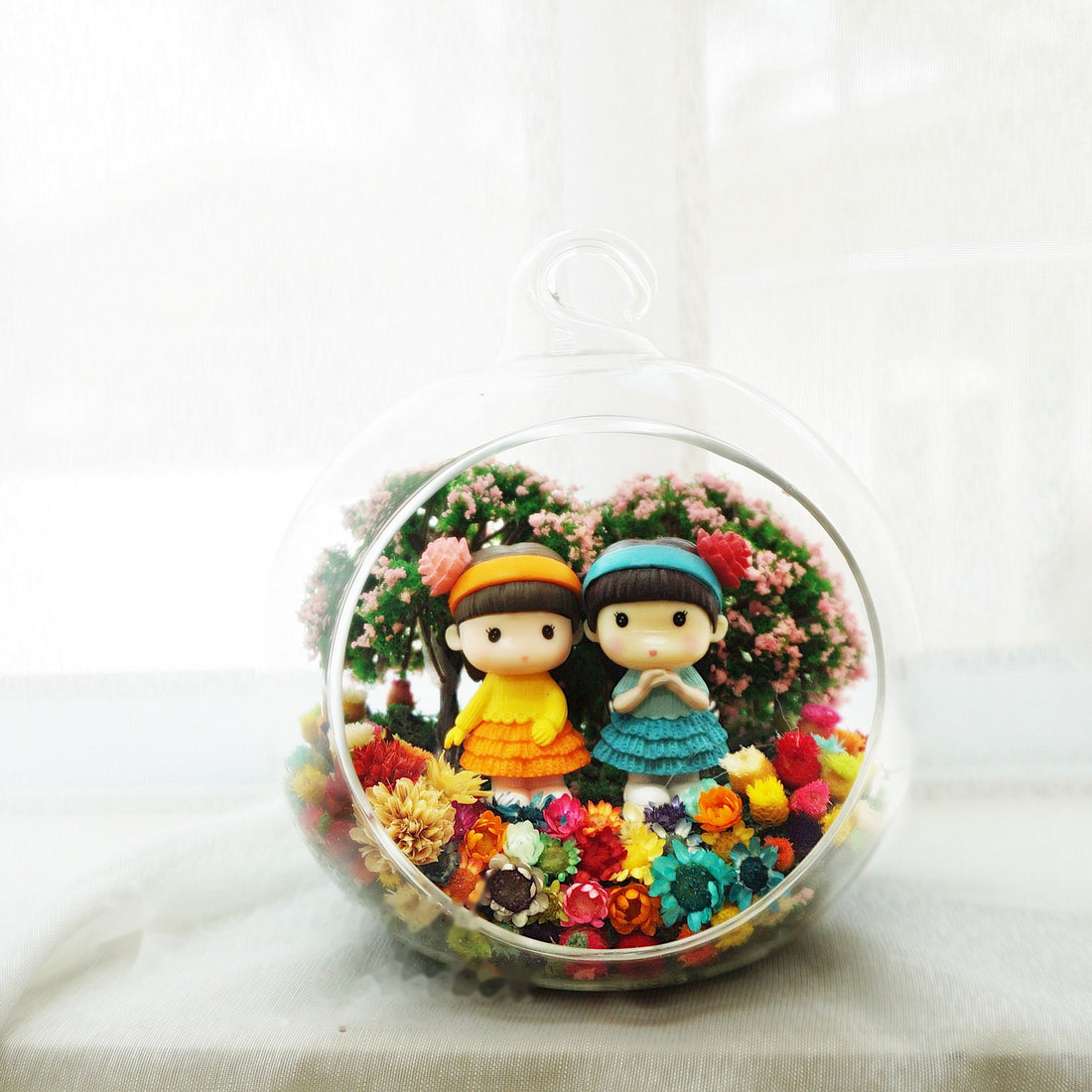 Girls in Blue and Yellow preserved flower terrarium