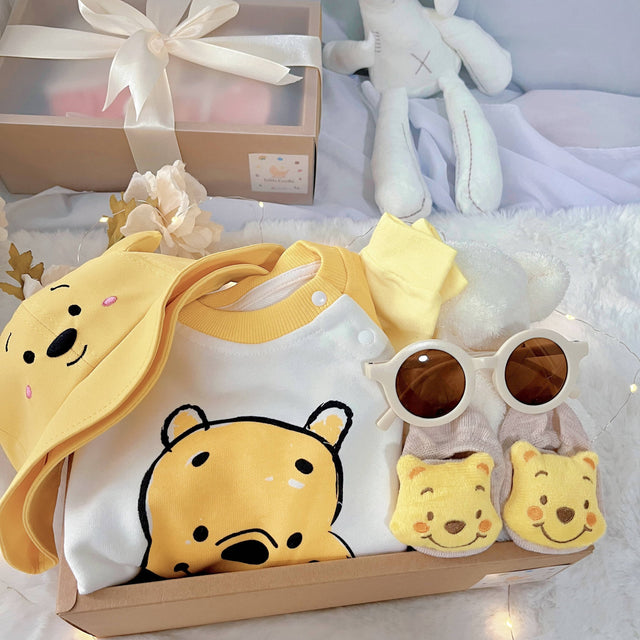 Honey Bunch classic baby gift box with yellow honey-bear romper with hat and socks