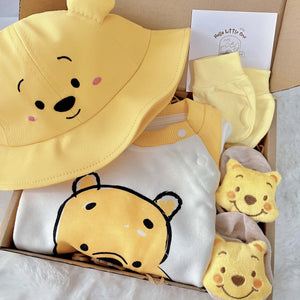 Honey Bunch standard baby gift box with yellow honey-bear romper with hat and socks