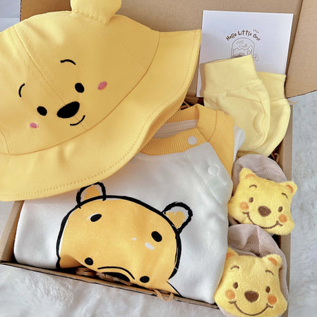 Honey Bunch standard baby gift box with yellow honey-bear romper with hat and socks