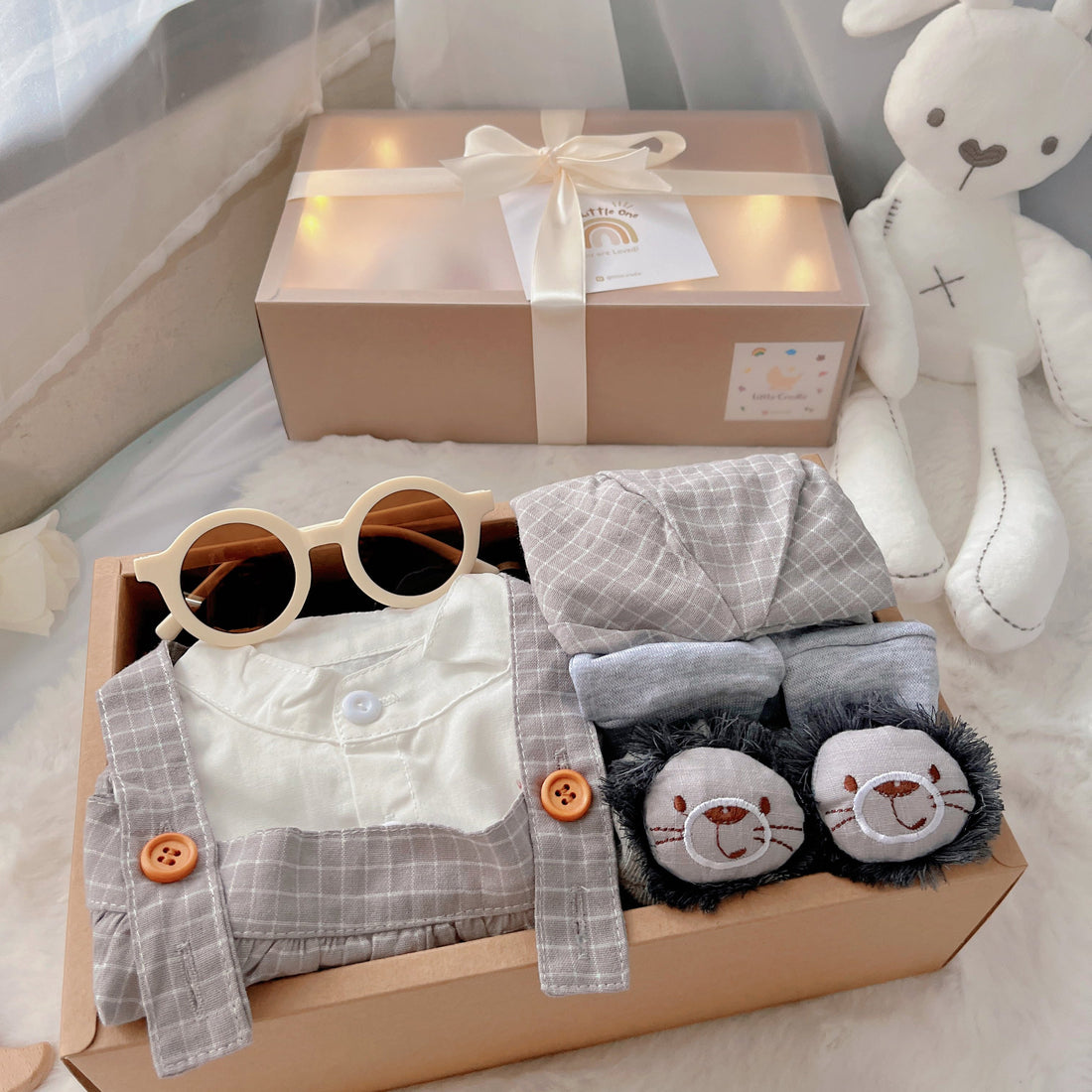 Korean Baby Oppa classic baby gift box with grey and white Korean-style romper