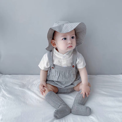 Baby wearing the Korean Baby Oppa grey and white Korean-style romper