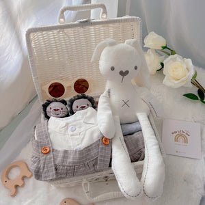 Korean Baby Oppa premium baby gift set in a rattan basket with grey and white Korean-style romper