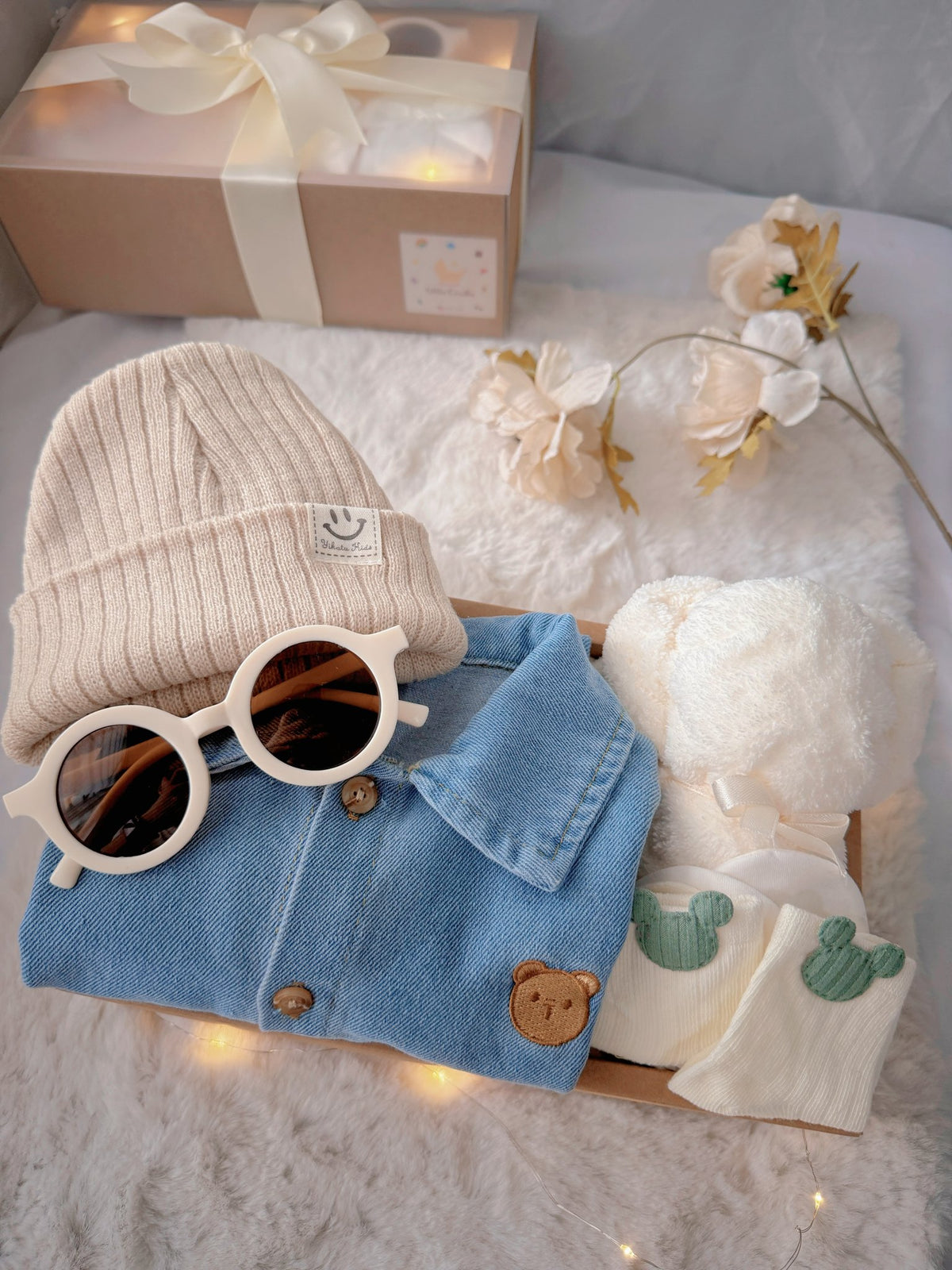 Little Denim Bear classic baby gift box with denim romper with bear badge and knit beanie