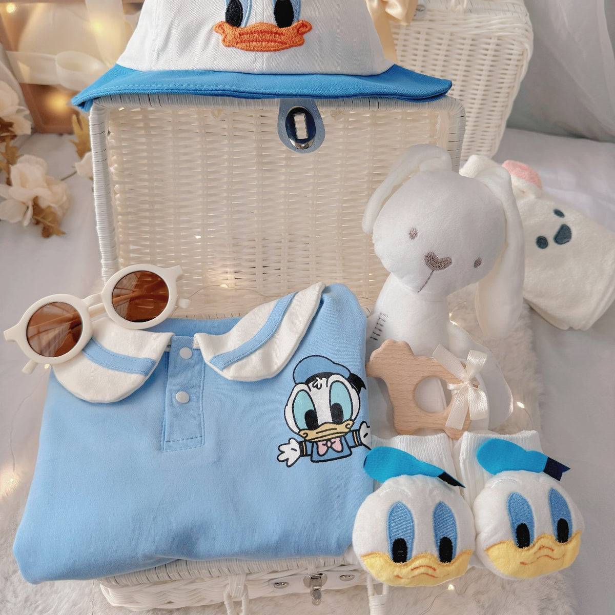 Little Ducky premium baby hamper – plushie, teether, socks, sunglasses and rattan basket for newborn