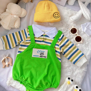 Little Green Sprout baby outfit styling – green striped romper with yellow hat