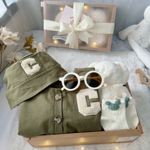 Little Tiny Trooper classic baby gift box with army-green romper