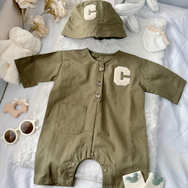 Little Tiny Trooper baby outfit styling – army-green romper