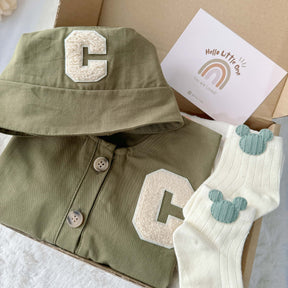 Little Tiny Trooper standard baby gift box with army-green romper