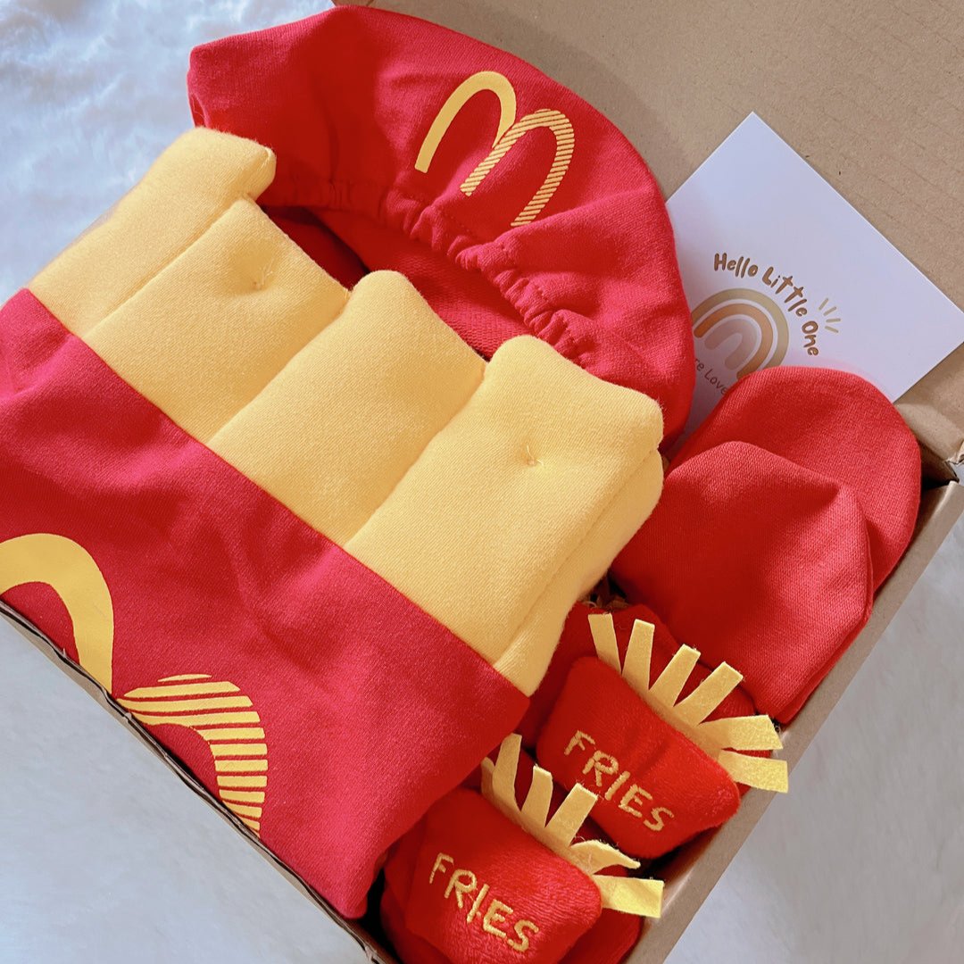 Mc Kidz standard baby gift box with fries-inspired romper with matching hat and socks
