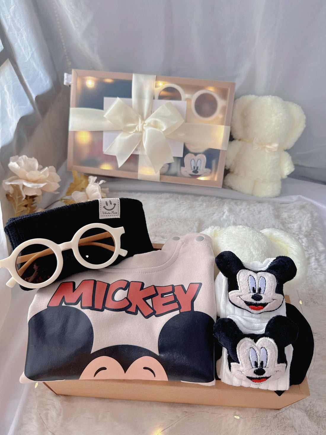 Mickey Pals classic baby gift box with mouse-print romper with black beanie