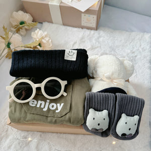 Mini Militia Green classic baby gift box with black romper with green jacket and hat
