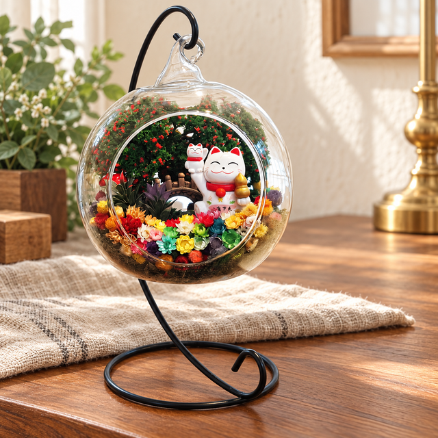 Baby Fortune Cat Preserved Flower Terrarium styled in a natural home setting with clear glass and product details