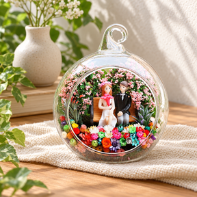 Bench Couple in Garden Preserved Flower Terrarium styled in a natural home setting with clear glass and product details