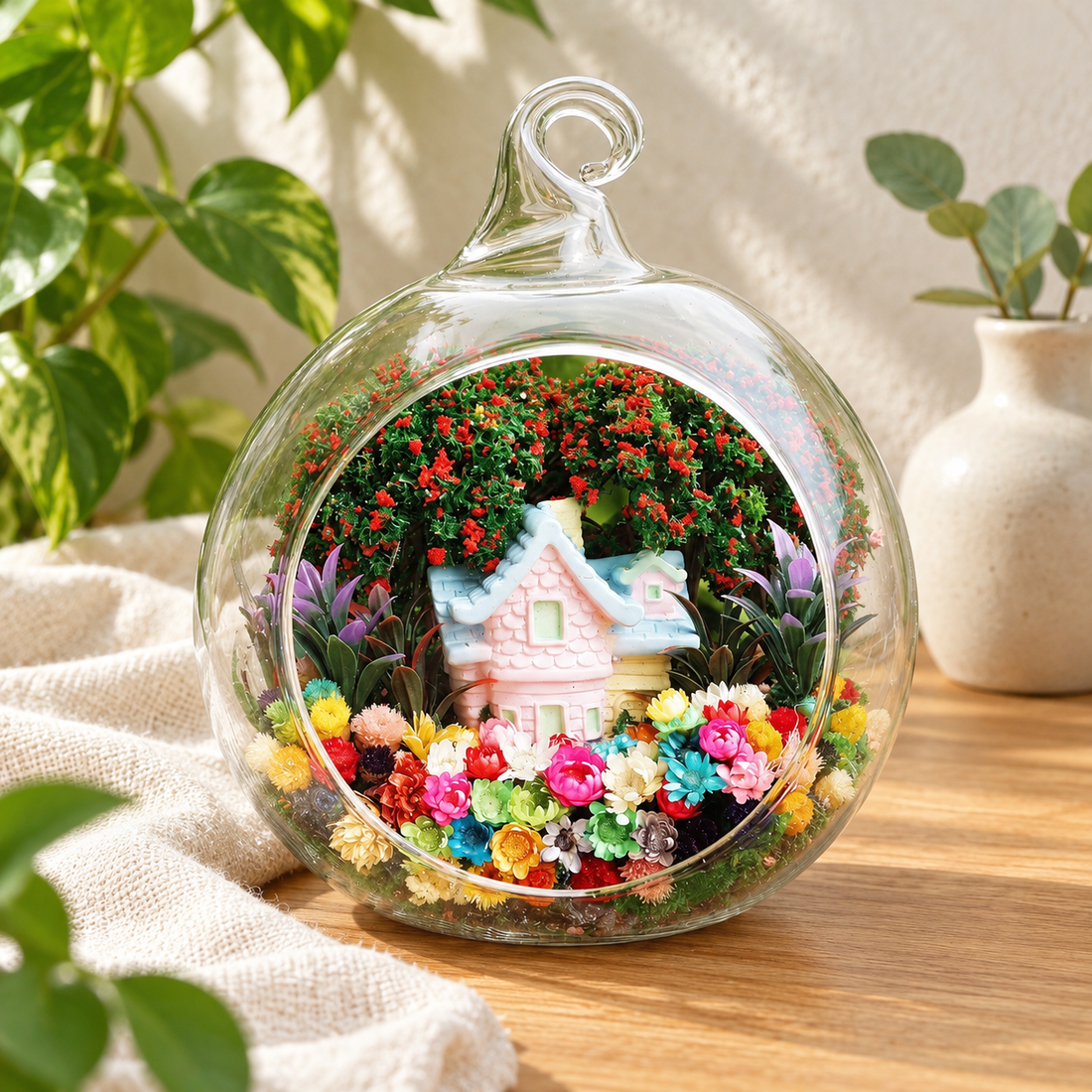 Big Cottage Preserved Flower Terrarium styled in a natural home setting with clear glass and product details