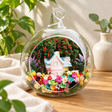 Big Cottage Preserved Flower Terrarium styled in a natural home setting with clear glass and product details