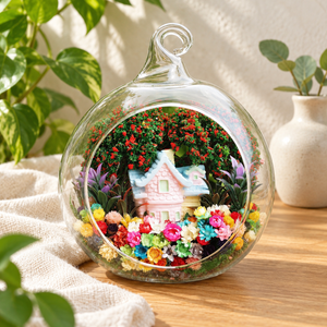 Big Cottage Preserved Flower Terrarium styled in a natural home setting with clear glass and product details