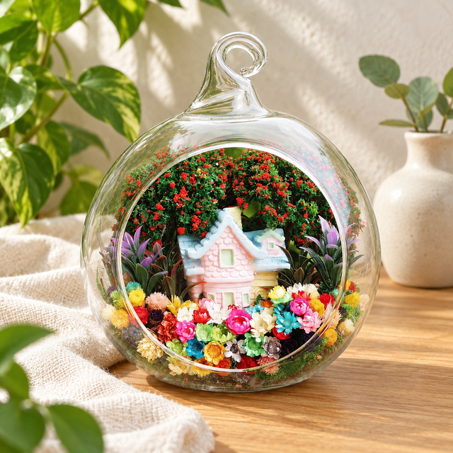 Big Cottage Preserved Flower Terrarium styled in a natural home setting with clear glass and product details