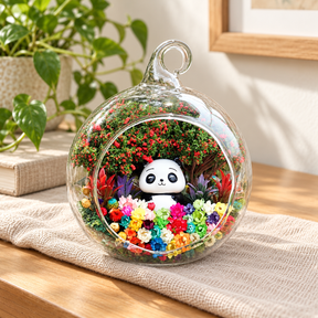 Big Panda Preserved Flower Terrarium styled in a natural home setting with clear glass and product details