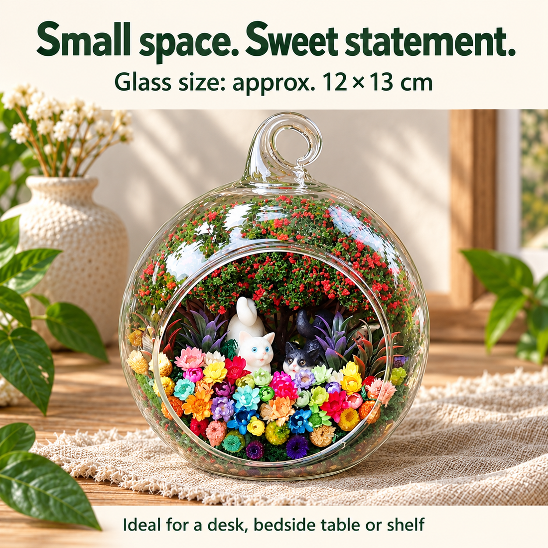 Black and White Cats Preserved Flower Terrarium — size guide