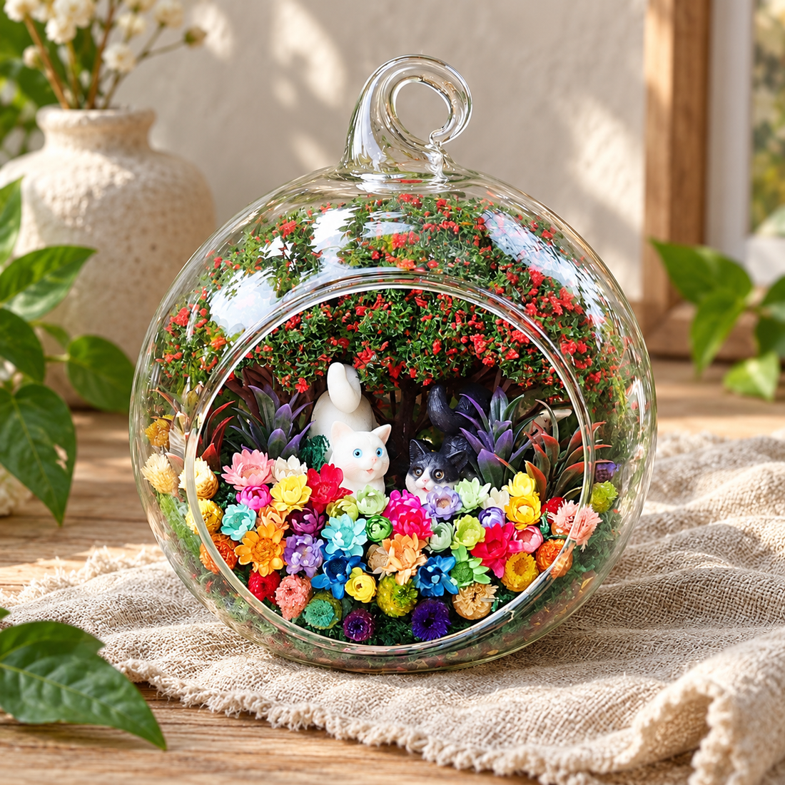 Black and White Cats Preserved Flower Terrarium styled in a natural home setting with clear glass and product details