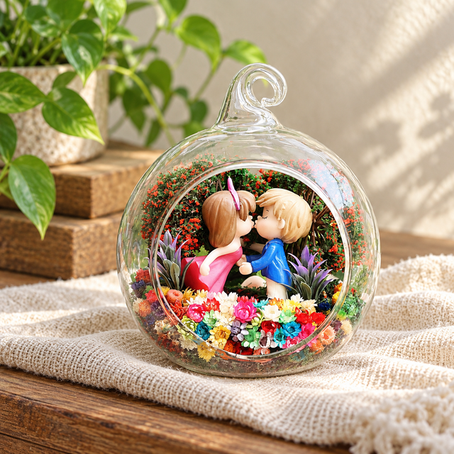 Blue and Pink Couple Preserved Flower Terrarium styled in a natural home setting with clear glass and product details