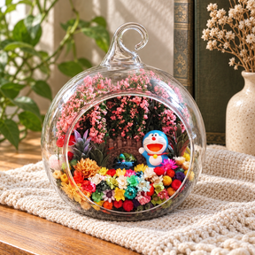 Blue Cat Under Blossom Trees Terrarium styled in a natural home setting with clear glass and product details