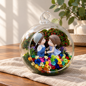 Blue Couple Preserved Flower Terrarium styled in a natural home setting with clear glass and product details