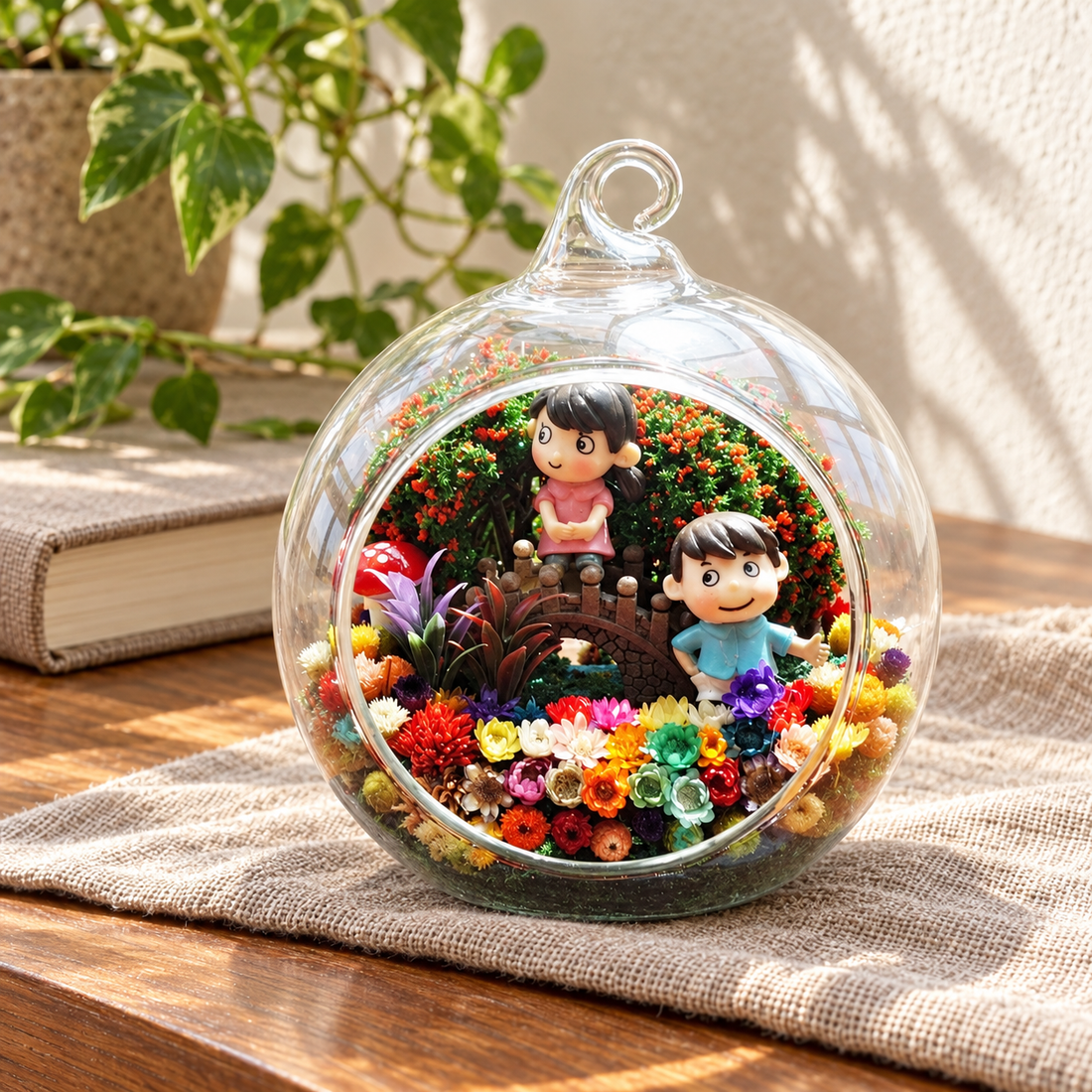 Boy and Girl Preserved Flower Terrarium styled in a natural home setting with clear glass and product details