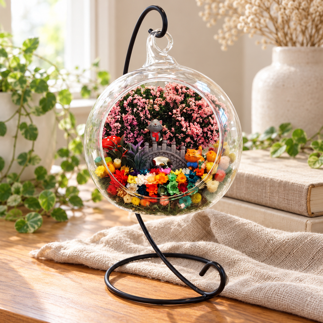 Cartoon Cat Preserved Flower Terrarium styled in a natural home setting with clear glass and product details