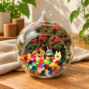 Cartoon Friends Preserved Flower Terrarium styled in a natural home setting with clear glass and product details